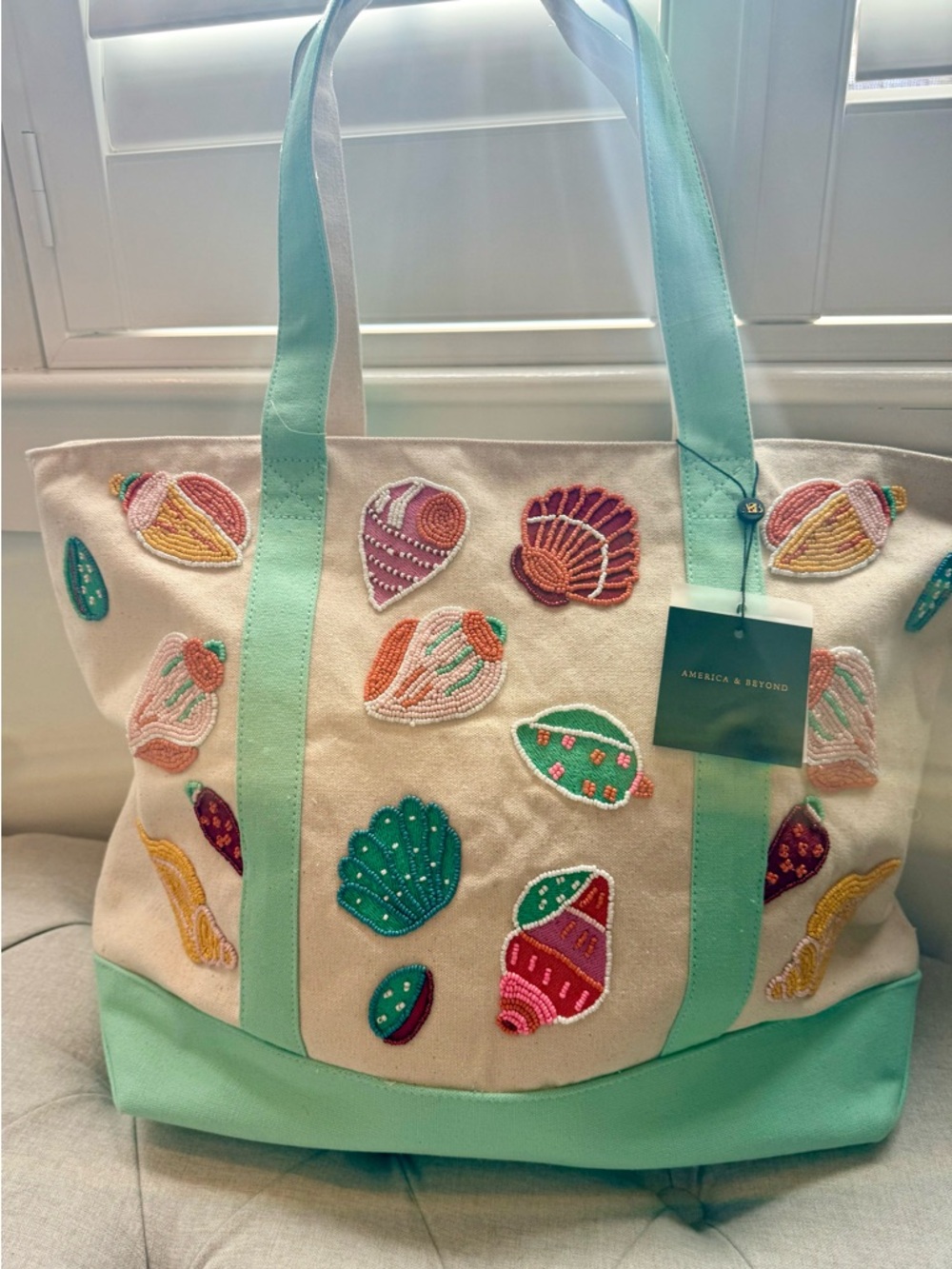 America & Beyond Mint-Strap Embroidered Shell Canvas Tote